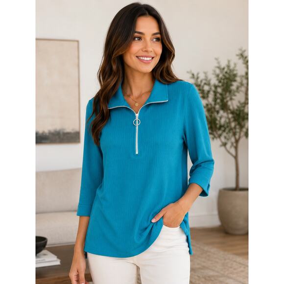 Vivilli Tops - Vivilli Half Zip Top Teal Three Quarter Sleeve Casual Size M